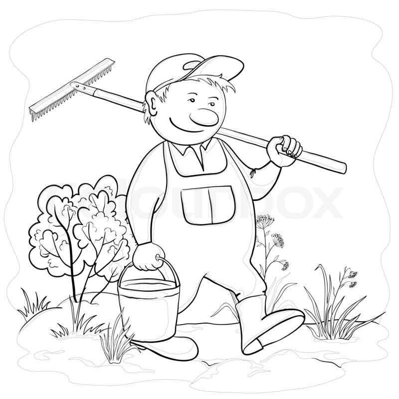 800x800 Man Gardener With A Bucket And A Rake Work In A Garden, Contours