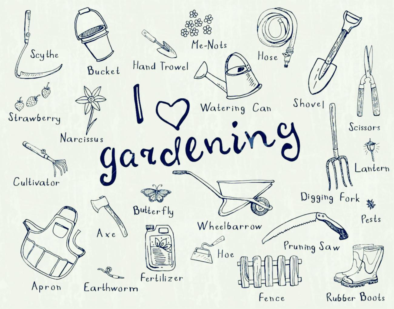 1300x1018 Hand Drawn Doodles Of Gardening Tools Plants Pests In Blue Color
