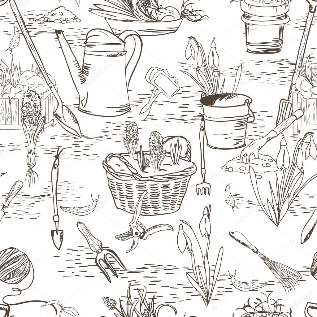 1024x1024 Seamless Sketch With Gardening Tools Stock Vector Macrovector
