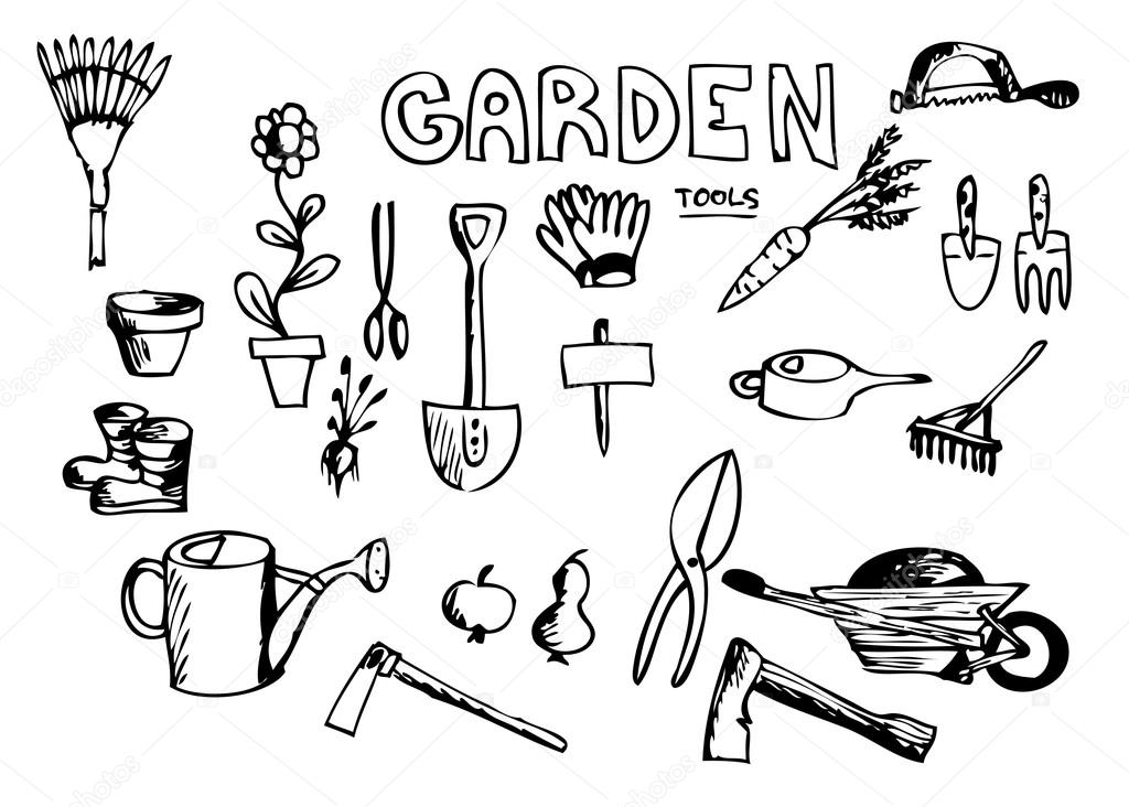 1024x732 Hand Drawn Garden Tools Stock Vector Jonnysek