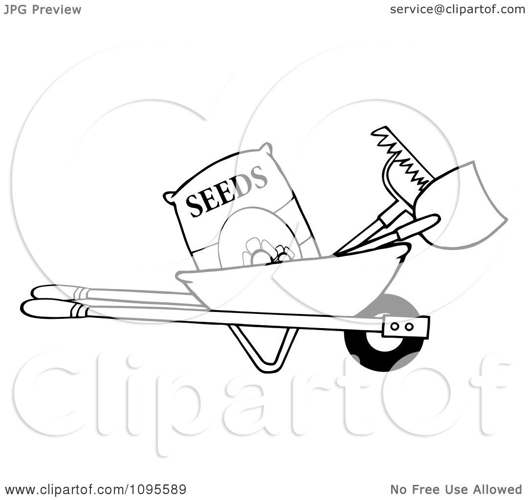 1080x1024 Clipart Outlined Wheelbarrow With Garden Tools And Seeds