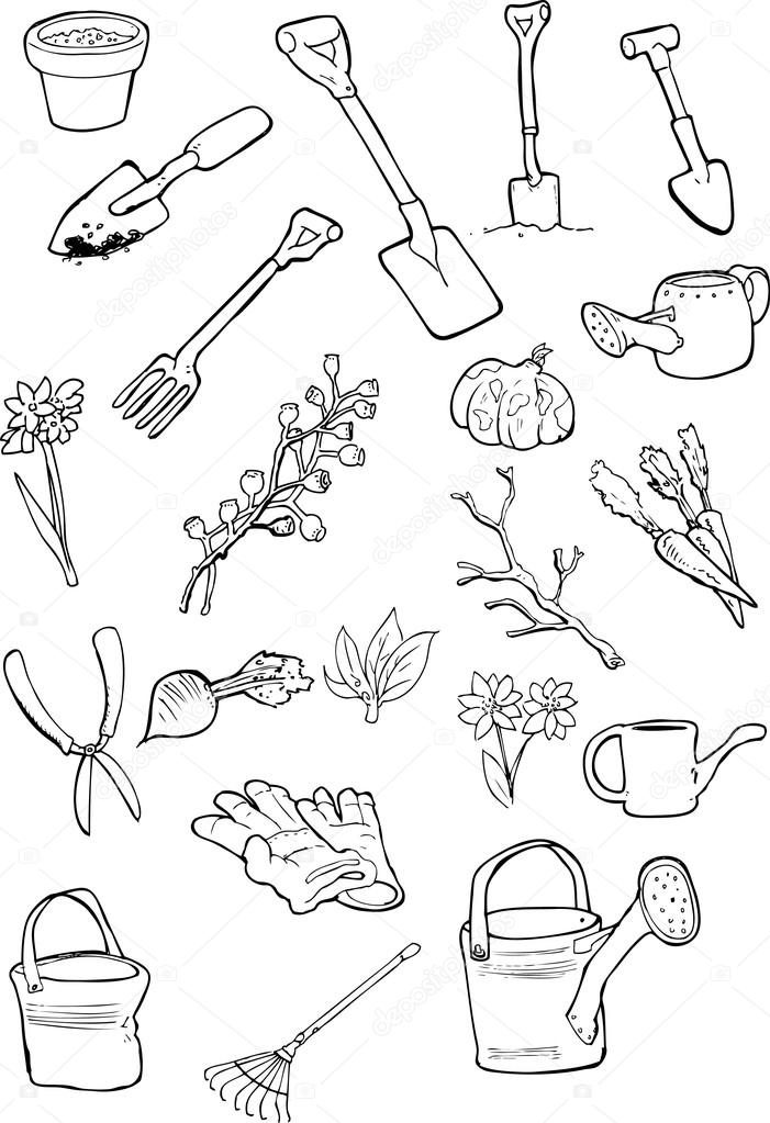 701x1023 Doodles Of Garden Tools And Gardening Things. Stock Vector