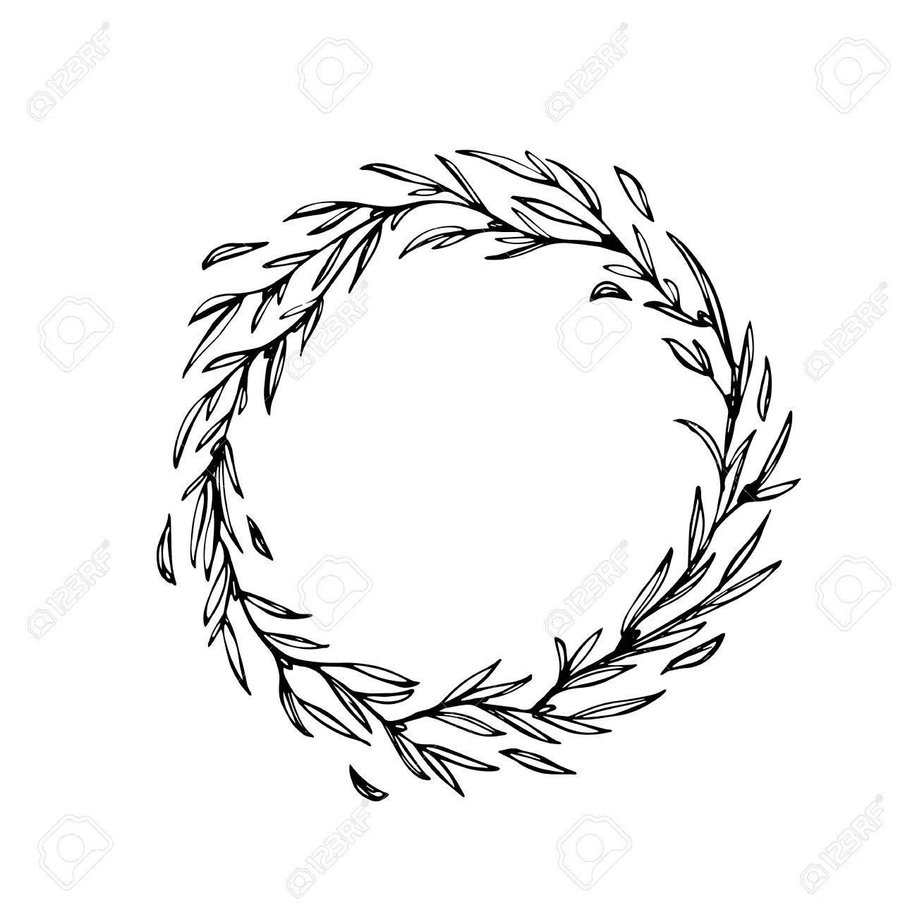 1300x1300 Laurel Wreath Decoration. Hand Drawn Vector Christmas Garland