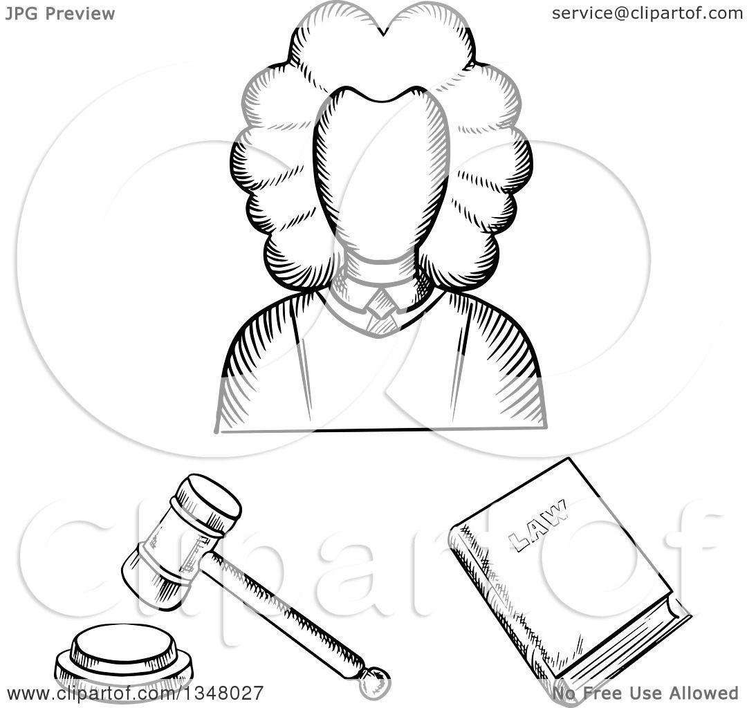 1080x1024 Clipart Of A Black White Sketched Female Judge, Law Book