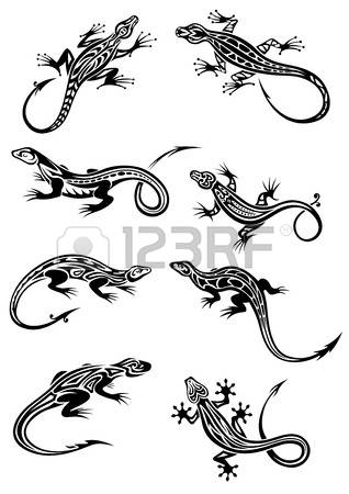 318x450 Lizards Black Silhouettes With Tribal Ornaments For Tattoo, Icon