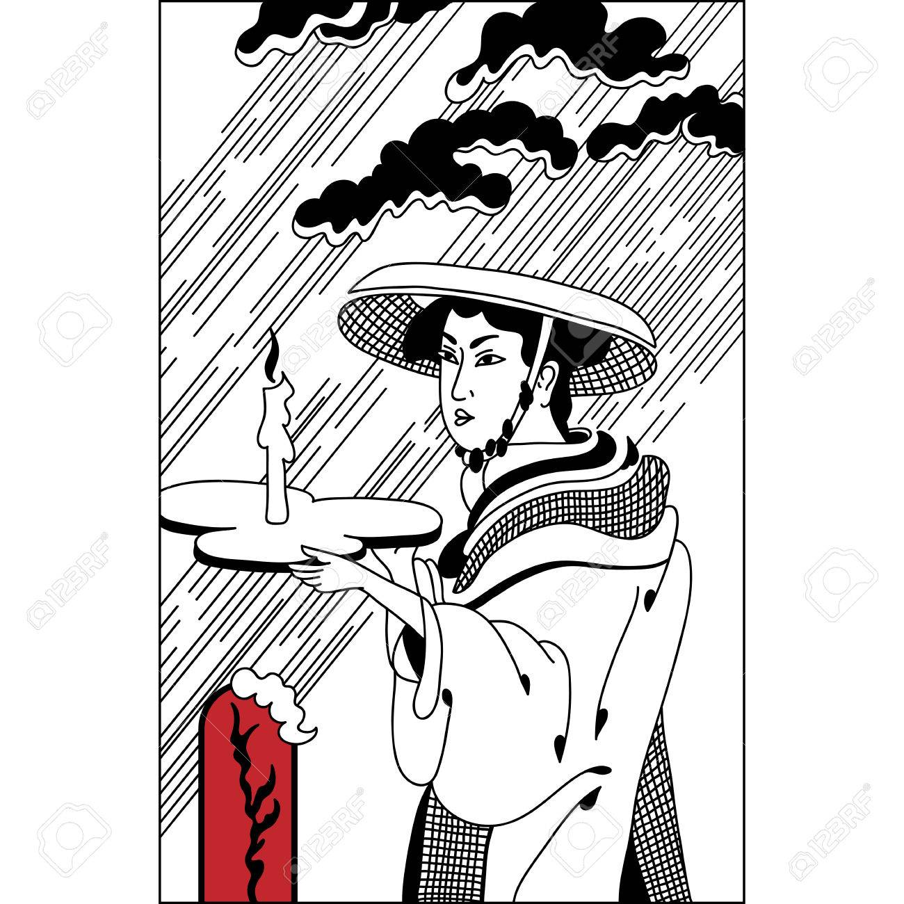 1300x1300 Japanese Girl, Geisha With A Candle In The Rain. Vintage Hand
