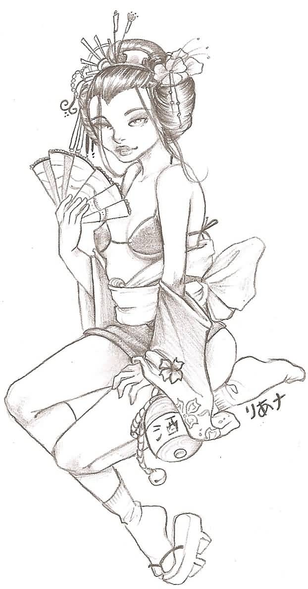 622x1191 Geisha Tattoo Geisha With Fan Tattoo Sketch