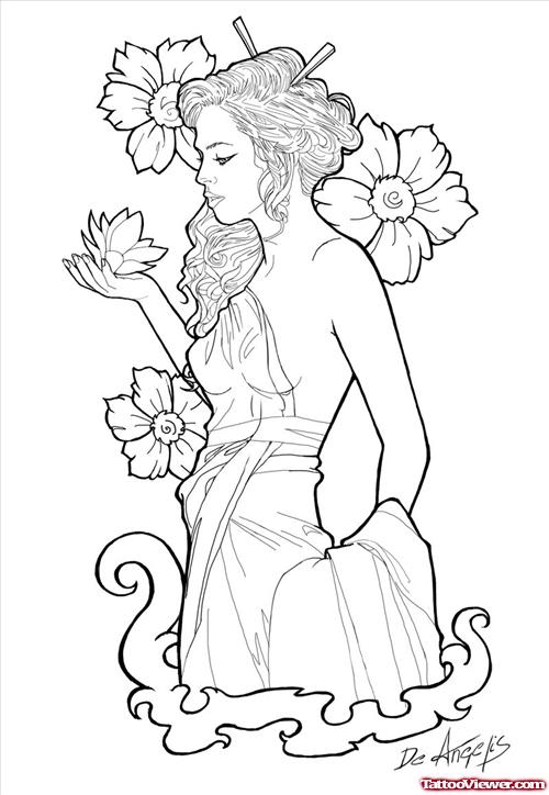 500x724 Flowers And Geisha Tattoo Design Tattoo
