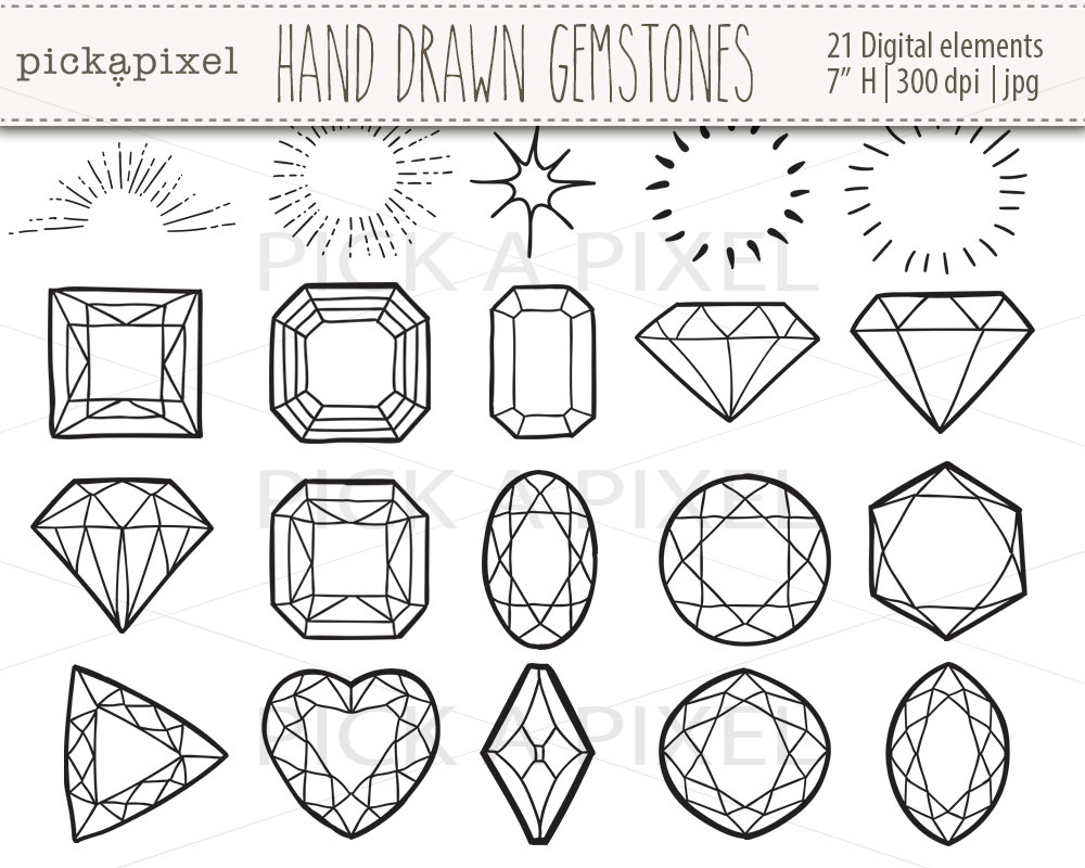 1000x800 Hand Drawn Gemstones, Diamonds In Black Outlines, Gems Clip Art