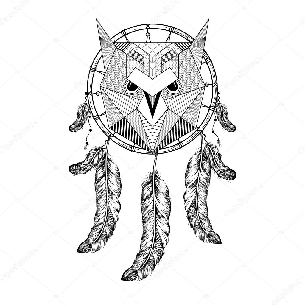 1024x1024 Hand Drawn Zentangle Owl Bird On Dream Catcher With Feathers