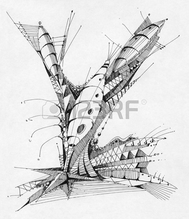 388x450 Abstract Geometrical Drawing On Paper With Pens And Markers. Stock