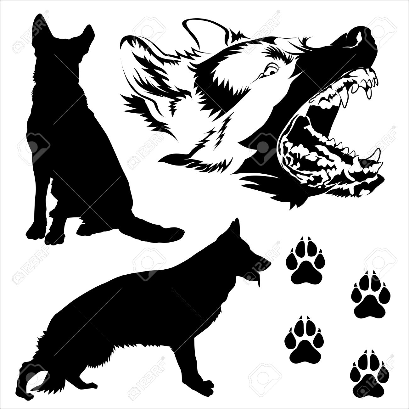 1300x1300 Poses Of German Shepherd Dog Silhouetted Fector In Eps10 Royalty