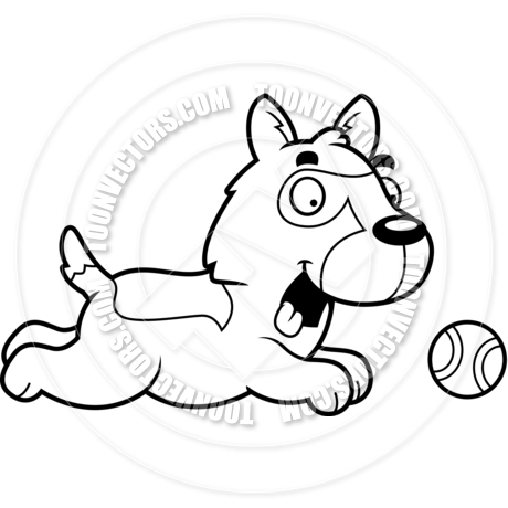 460x460 Cartoon German Shepherd Dog Chasing Ball (Black And White Line Art