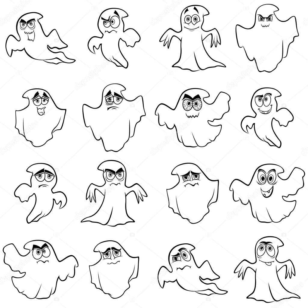 1024x1024 Set Of Sixteen Funny Flying Ghost Outlines Stock Vector