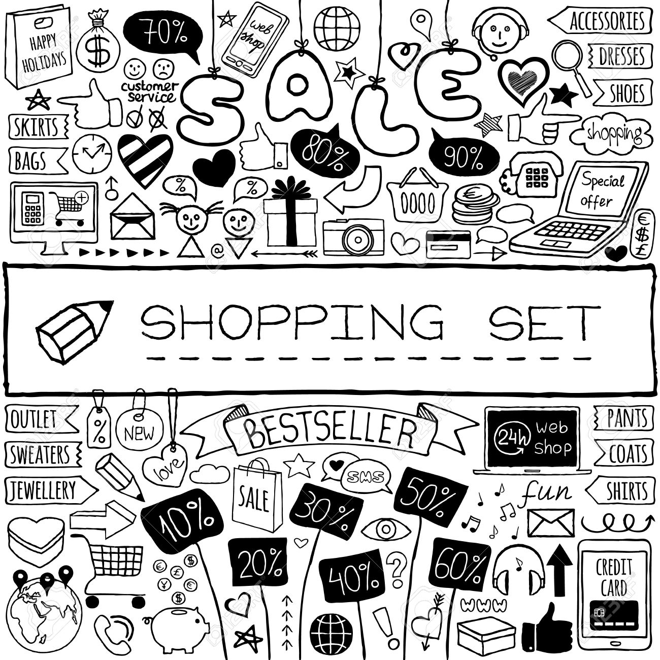 1300x1300 Shopping Doodle Set. Hand Drawn Icons Collection With Discount
