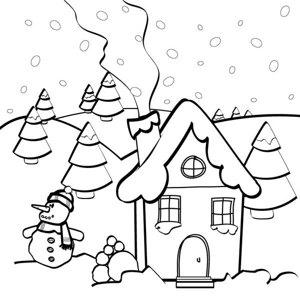 600x600 Snow Man And Gingerbread House Coloring Page