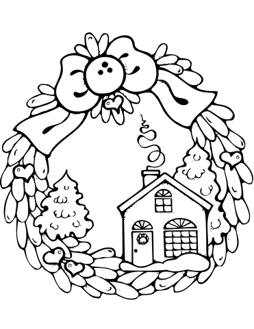 371x480 Christmas Wreath With Gingerbread House Coloring Page Free