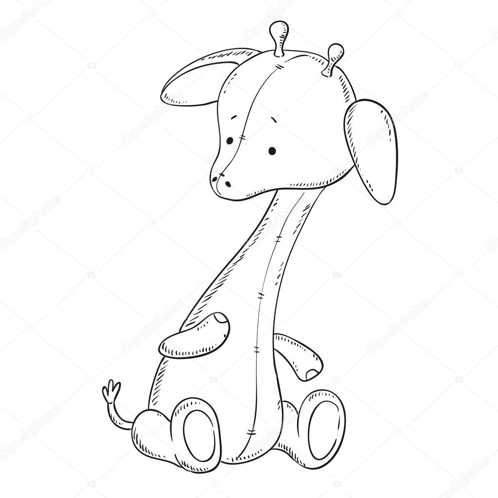 1024x1024 Toy Plush Giraffe. Black Outline For Coloring Book. Vector Contour