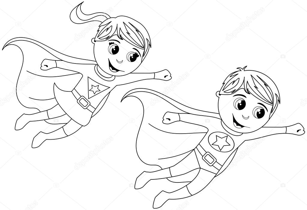 1023x701 Boy And Girl Superhero Kids Flying For Coloring Book Isolated