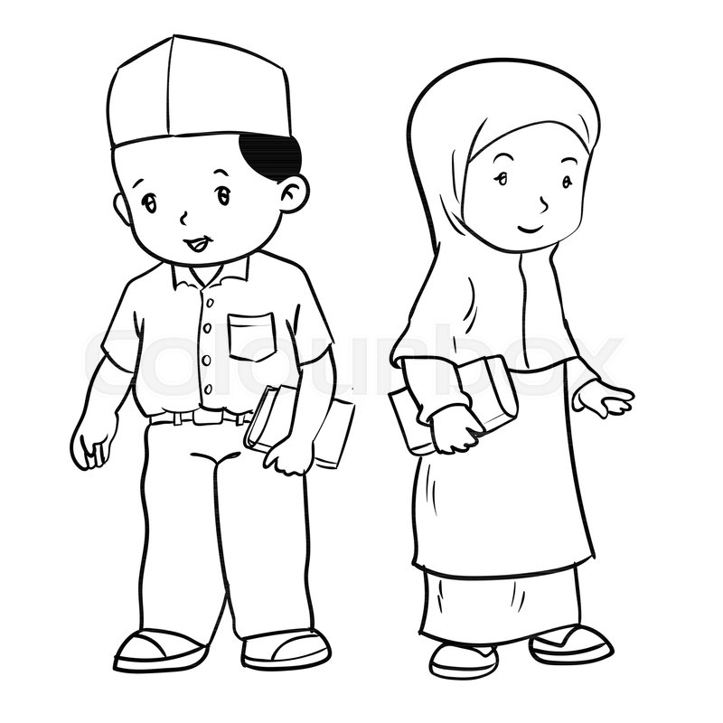800x800 Hand Drawing Of Muslim Kids Standing Isolated On White Background