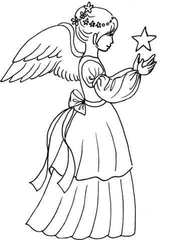 343x480 Christmas Angel Girl With Star Coloring Page Free Printable