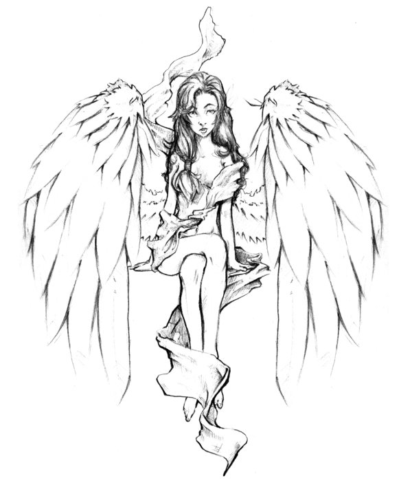600x702 Angel Girl Outline Tattoo Design