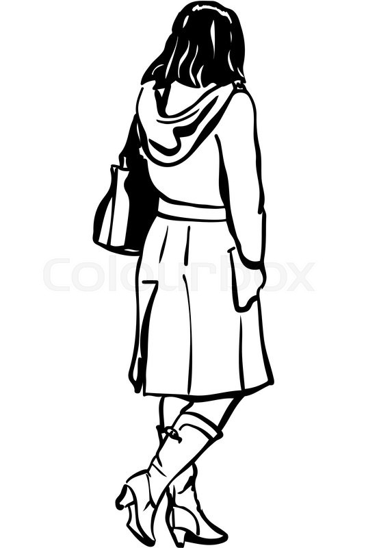 535x800 Black And White Vector Sketch Of A Girl In A Coat With A Hood Back