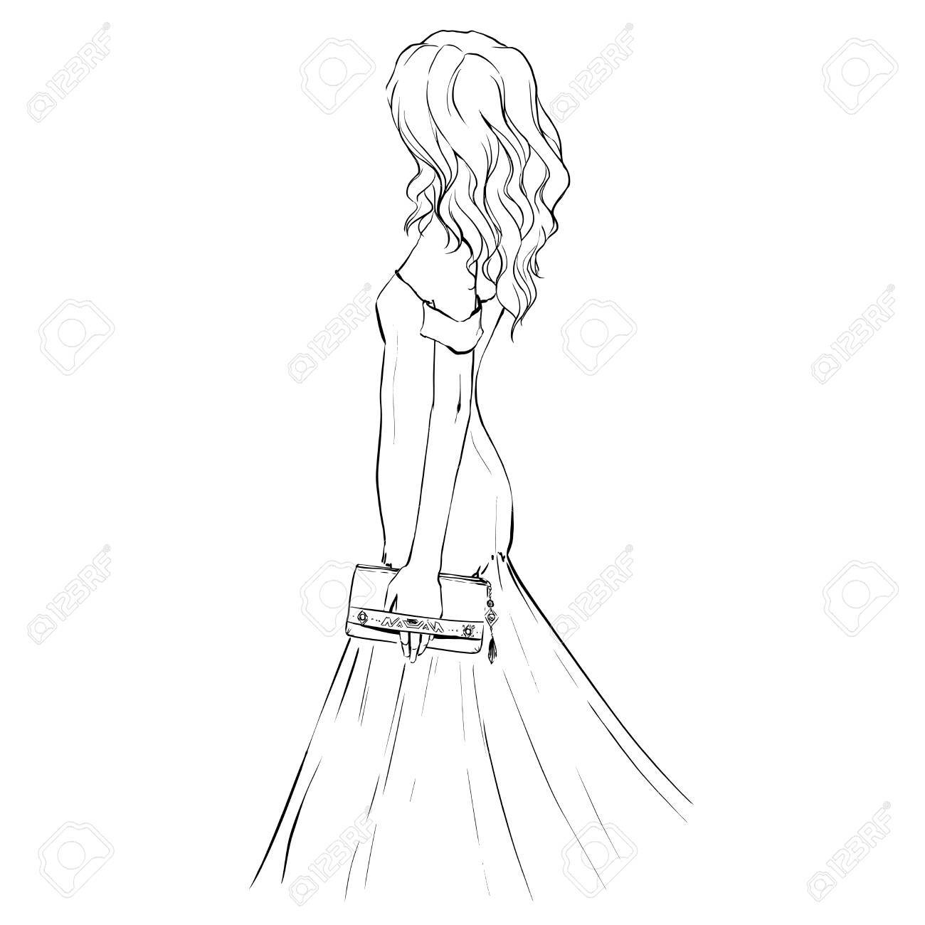 1300x1300 Elegant Woman At An Evening Dress Holding A Clutch. Girl Stands