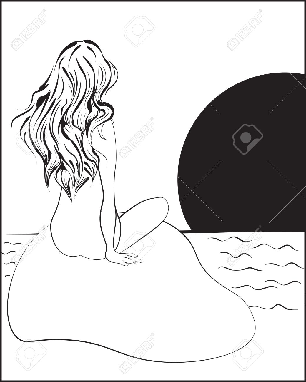 1040x1300 The Girl Sitting A Back With A Long Flowing Hair Sketch. Royalty