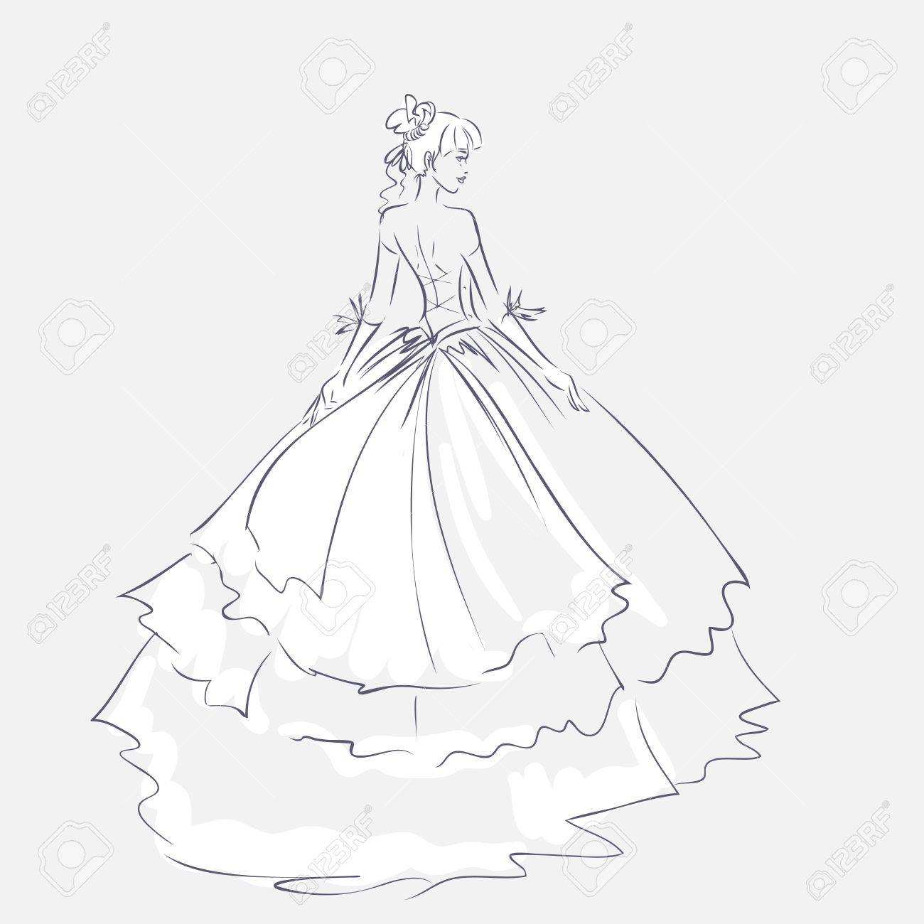 1300x1300 Art Sketch Of Elegant Young Bride With The Bride's Bouquet