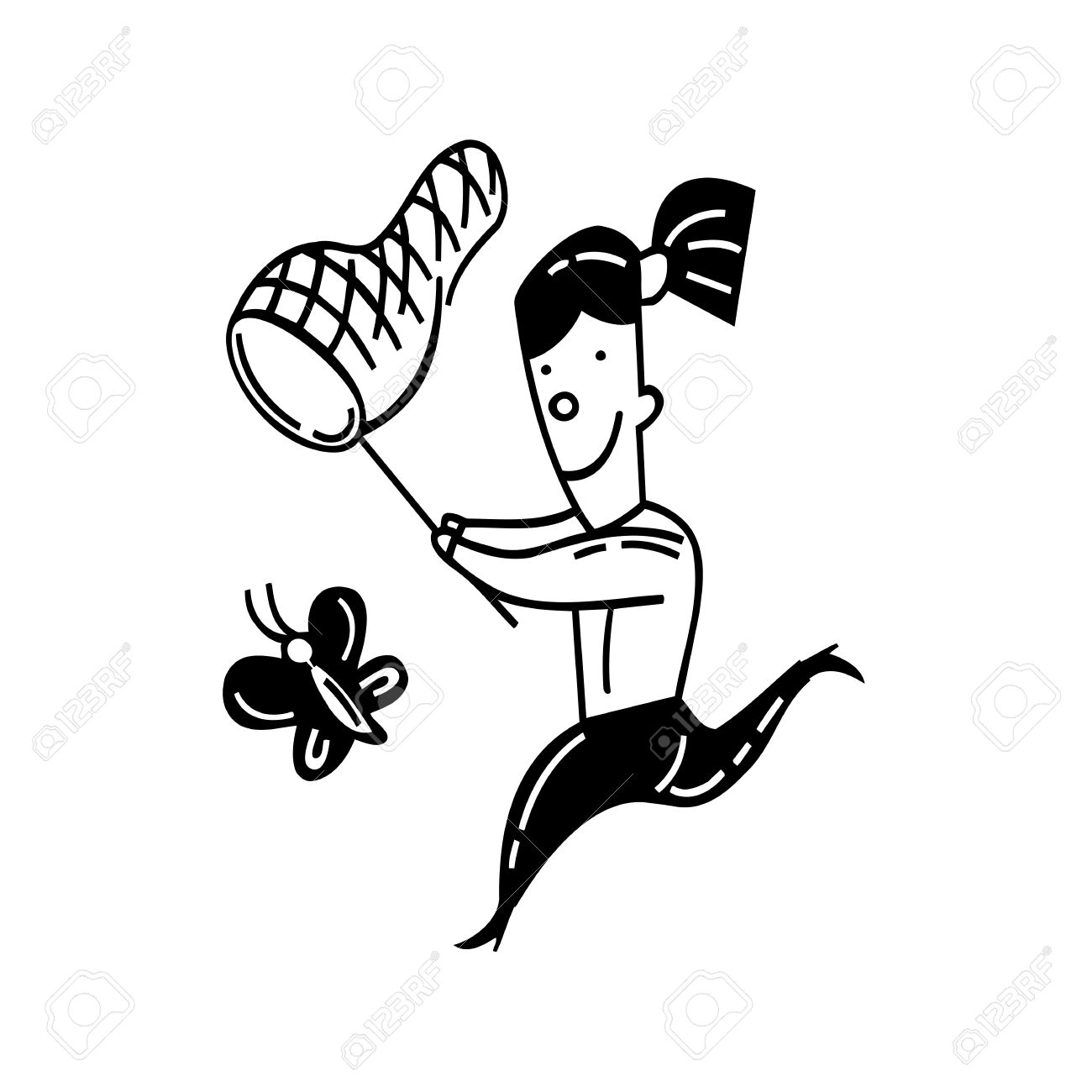 1300x1300 Cute Little Girl Catching Butterfly. Outlined Cartoon. Drawing