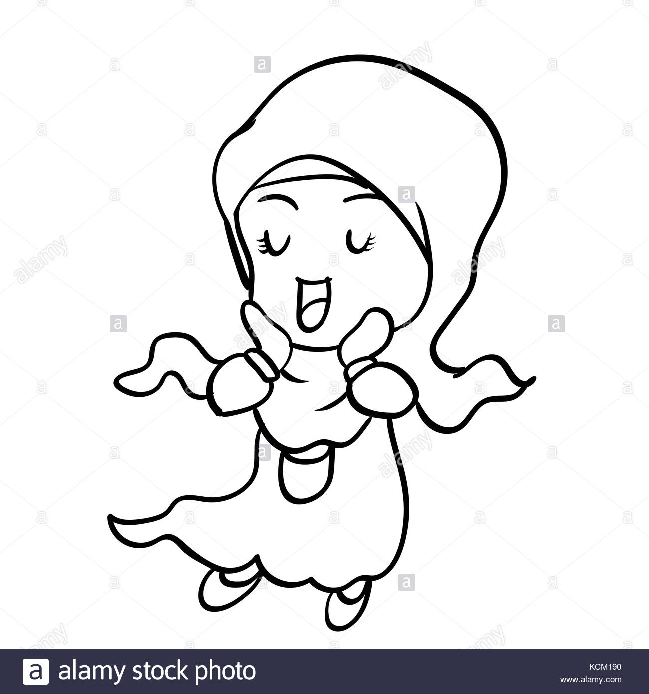 1300x1390 Hand Drawing Of Cute Muslim Girl Cartoon Isolated On White Stock