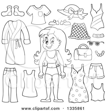 450x470 Clipart Of A Cartoon Black And White Happy Girl In Her Underwear