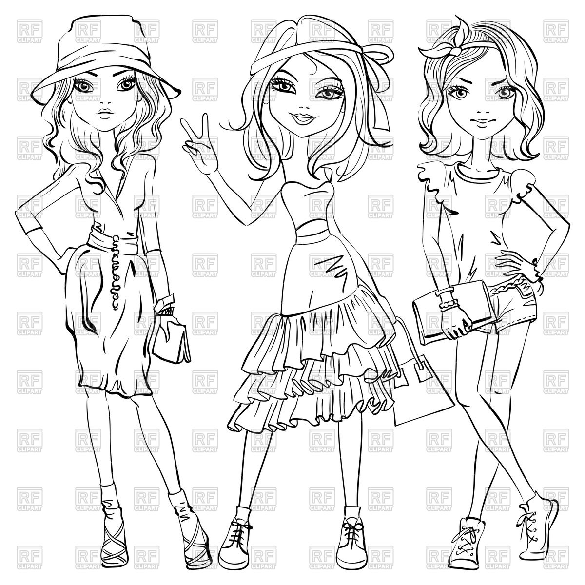 1200x1200 Cute Fashion Girls In T Shirt, Shorts And Dresses Sketch Royalty
