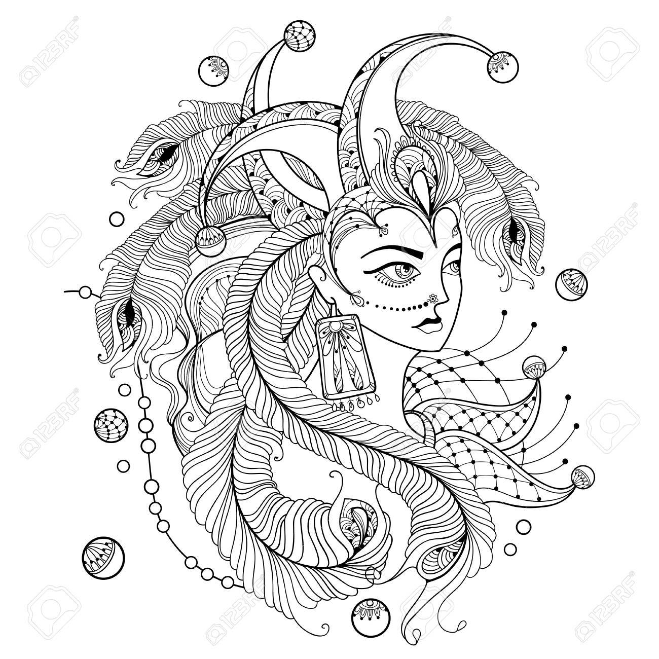 1300x1300 Girl Face In Clown Cap With Outline Peacock Feathers And Ornate