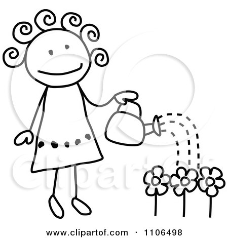 450x470 Clipart Black And White Stick Drawing Of A Happy Girl Watering