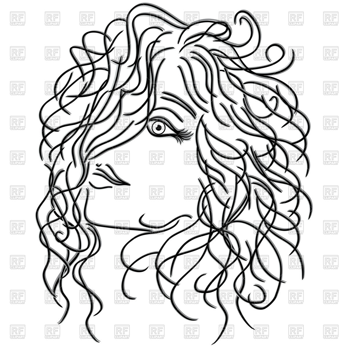 1200x1200 Girl With Flowing Curly Hair, Sketch Royalty Free Vector Clip Art