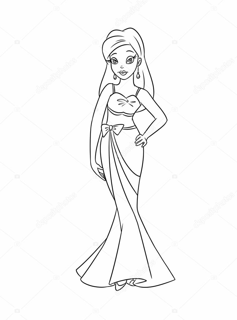 759x1024 Girl Evening Dress Coloring Pages Cartoon Stock Photo Efengai
