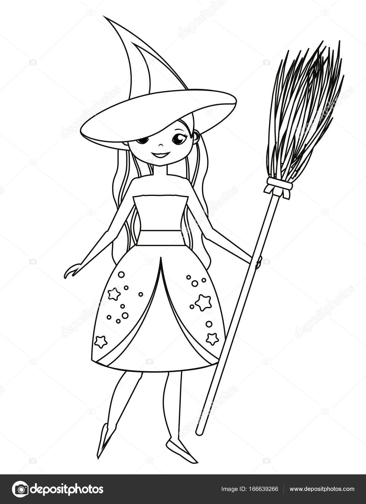 1234x1700 Coloring Page For Children. Cute Witch Holding Broom. Girl
