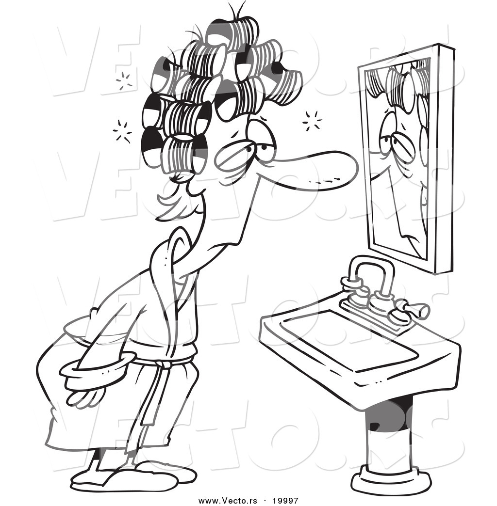 1024x1044 Vector Of A Cartoon Sleepy Woman With Curlers, Staring