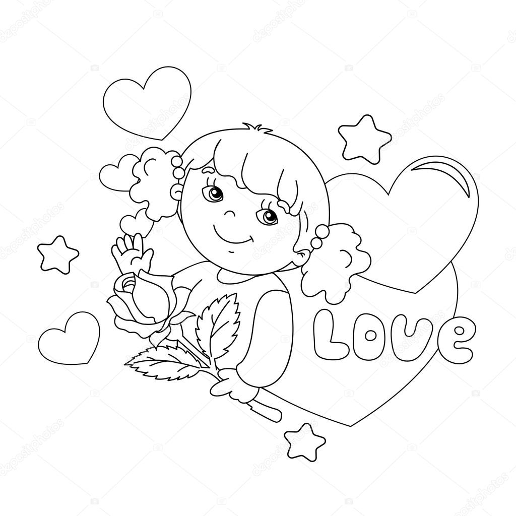 1024x1024 Coloring Page Outline Of Girl With Rose In Hand With Hearts
