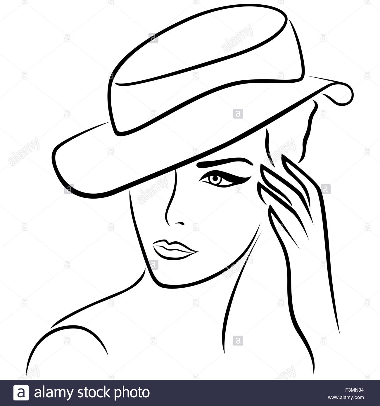 1300x1390 Elegant Young Girl In A Hat, Hand Drawing Black Vector Outline