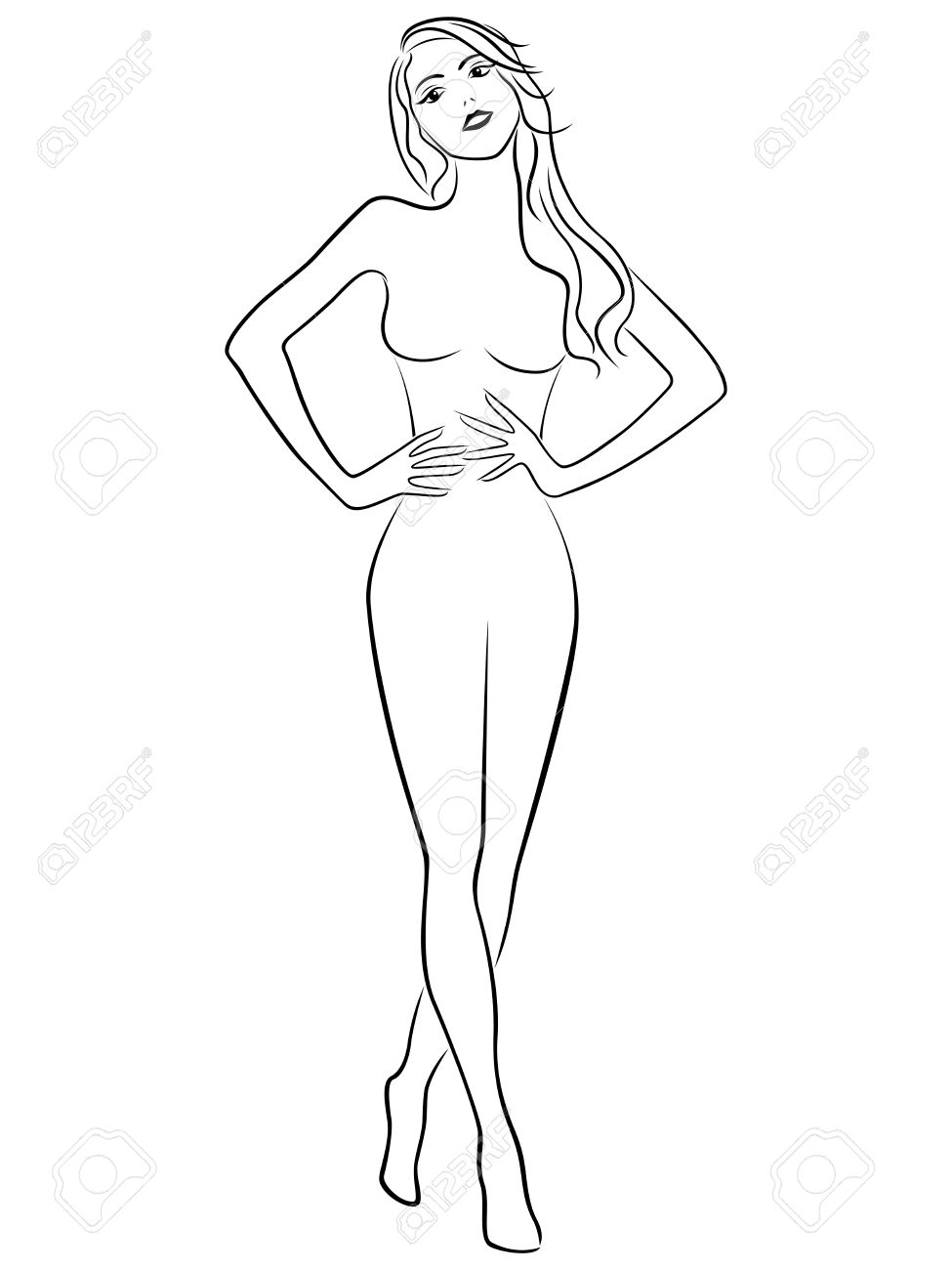 975x1300 Attractive Slim Girl Holding Hands On Waistline, Hand Drawing