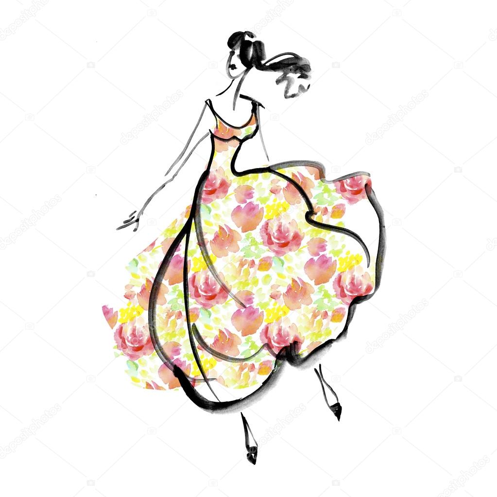 1023x1023 Fashion Girl In Floral Dress Concept. Watercolor Sketch Illustra
