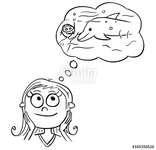 500x482 Cartoon Illustration Of Girl Dreaming About Swimming With Dolphins