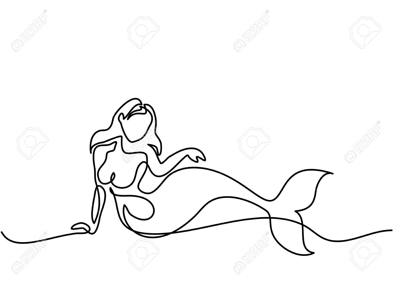 1300x975 Mermaid Laying And Dreaming On The Beach. Continuous Line Drawing