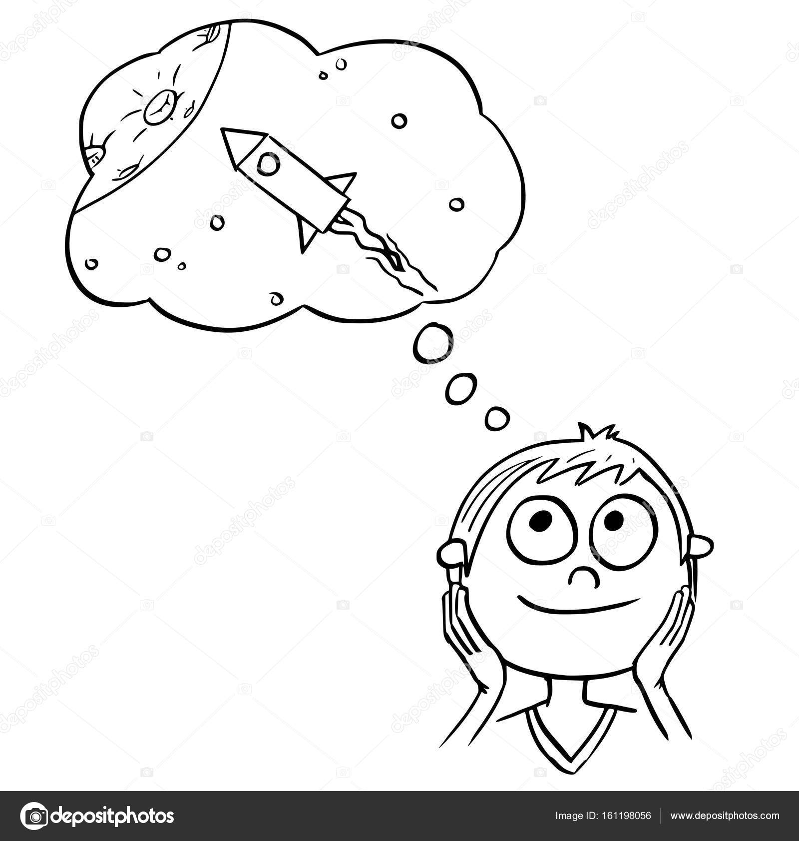 1600x1683 Cartoon Illustration Of Boy Dreaming About Space Travels Stock