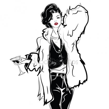 450x450 The Fashion Girl In Sketch Relaxes With A Cup Of Coffee. Stock