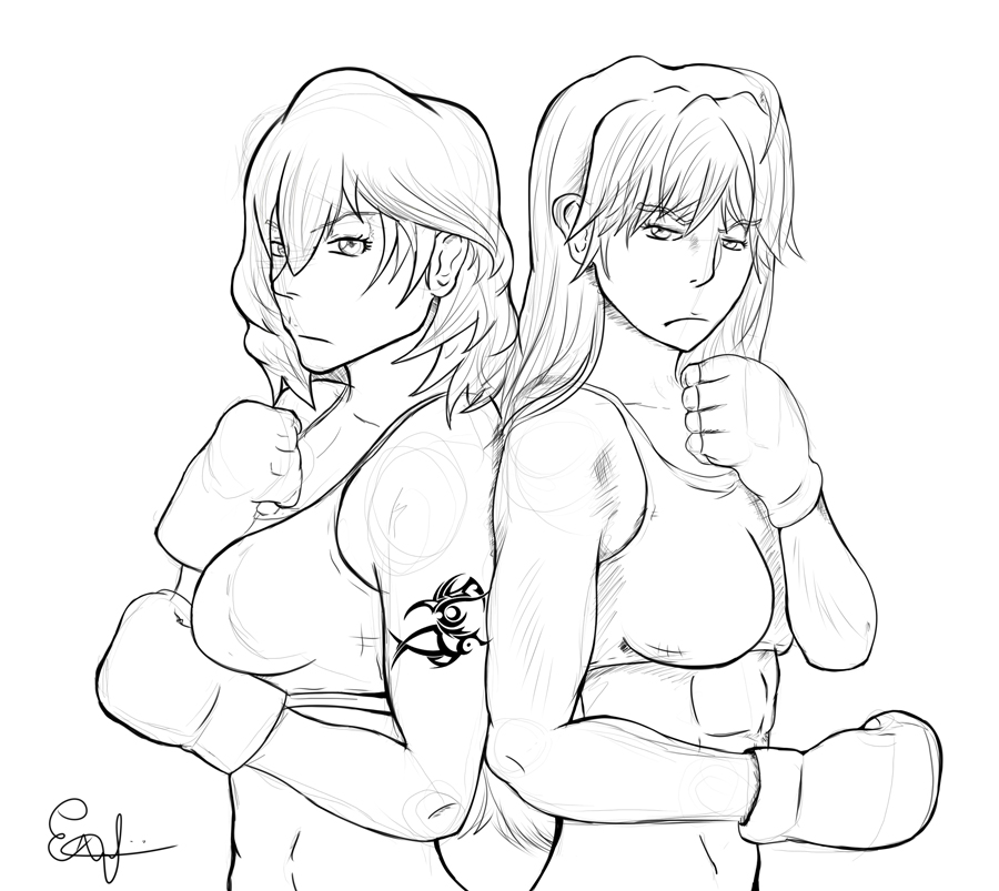 900x803 Fight Girls Lineart By Elisiozero
