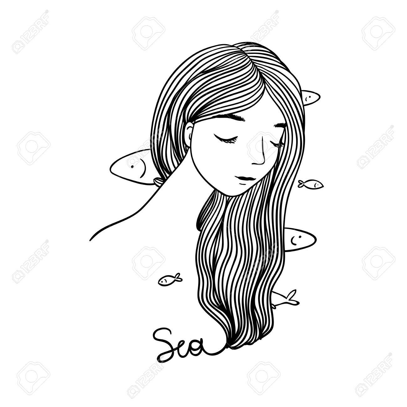 1300x1300 Beautiful Young Girl With Fish In Her Hair. Hand Drawing Isolated